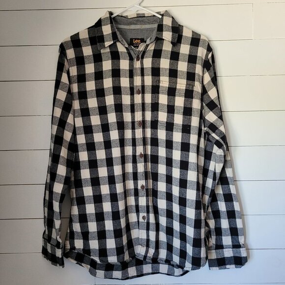 Lee Flannel Men's Medium Black/White Plaid Button Down  Long Sleeve Shirt - Picture 2 of 7